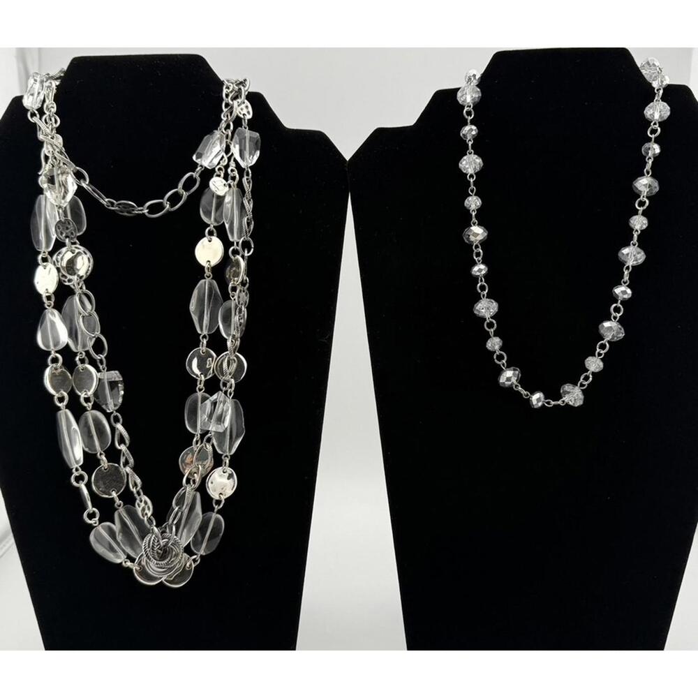 Boho Silver Tone Necklace Set with Clear Beads and Crystal Accents